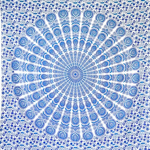 MOMOMUS Wandteppich Mandala - Indische Wandkunst - Wandteppich Aesthetic, Wandtuch Boho oder Wandbehang aus Stoff - Weiß und Blau, 210x230 cm