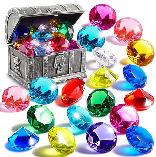 Sloosh Juguetes de Piscina Diving Gems, 16 Grandes Diamantes de Colores con Cofre del Tesoro Pirata, Juguete de Buceo para niños con Gemas submarinas, Regalo de Entrenamiento de natación