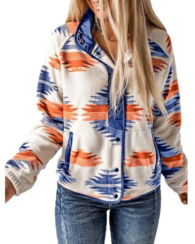 UATKIMI Damen Fleecejacke Aztekenmuster Shacket Langarm Druckknopf Mäntel mit Taschen, Dunkelblau, XL