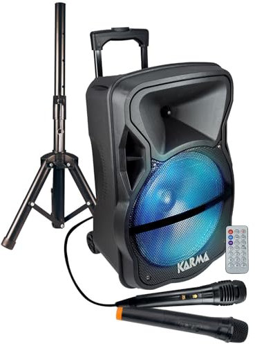 Enceinte amplifiée Karma PSB12 600W PMPO, Mobile sur batterie, LED, 1 micro VHF, 1 filaire, USB SD Bluetooth, TWS, Support Pied
