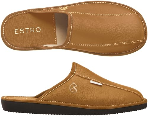 ESTRO Mens Slippers Men House Shoes Leather Home Mule Men's Slipper Memory Sole RUST (10 UK, Gold)