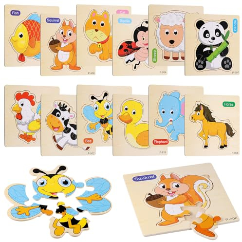 Huiguli Holzpuzzle für Kleinkinder von 1-3 Jahren, 12 Stück Tier Puzzle ab 2, Montessori Spielzeug Holzpuzzle, Lernspielzeug Kinderpuzzle, Geschenk für 1 2 3 jährige Jungen und Mädchen