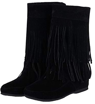 Stivali da cowboy con frange da donna Stivali con zeppa nascosta con zeppa alla caviglia Stivali con nappe con strass Tessuto lucido in pelle nabuk Copertura comoda per la festa di nozze di strada