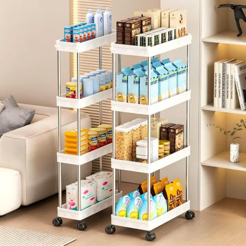 Multibao 4 Tier Slim Slide Out Kitchen Trolley Rack Holder Storage Shelf Organiser with Wheels for Small Spaces Bathroom Kitchen Laundryroom Bedroom Space-Saving (White 20cm*40cm*83m)