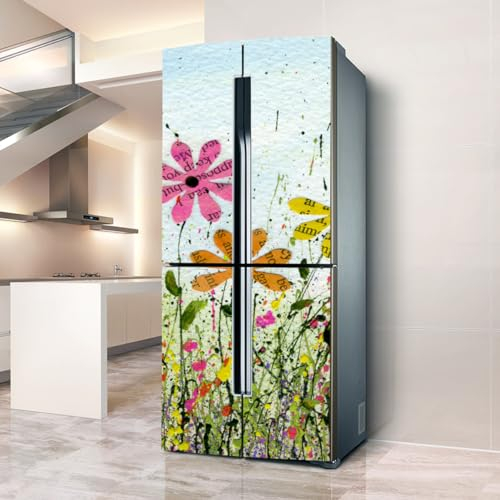Fridge Wraps Kitchen Fridge Stickers Cover Full Doors, Fridge Sticker Full Covering Door Fridge Covers Decor, Freezer Skins Wall Stickers for Kitchen Decal, Alphabet Petals Flower