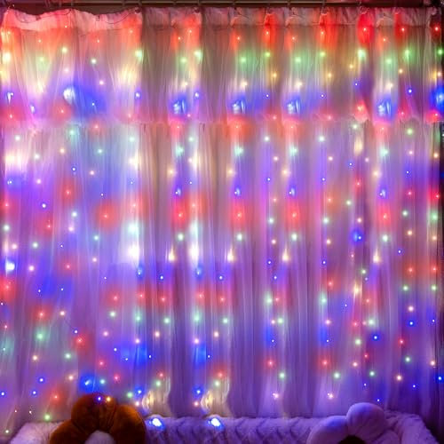 Ollny LED Lichtervorhang 2x2m, 200 LEDs Lichtervorhang innen USB, Lichterkette innen fenster mit 10 Haken, für innen und außen Deko Weihnachten Schlafzimmer Party Wand Balkon (bunt)