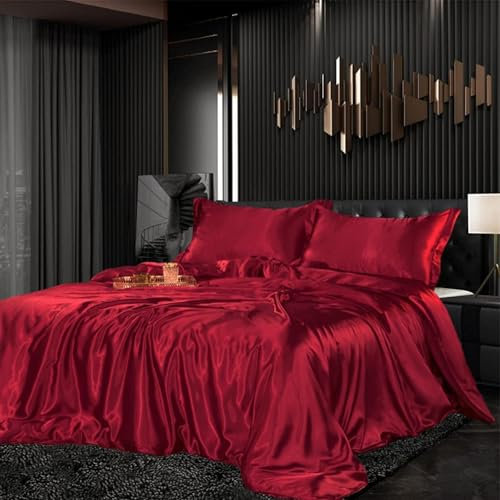 Bettwäsche Set Satin 135x200cm 4teilig Rot Silky Touch Glänzend Seide Einfarbig Bettbezug Set Glatt Luxus Weinrot Bettwäsche Set weicher Doppelbettmit Reissverschluss und Kissenbezüge 80x80cm