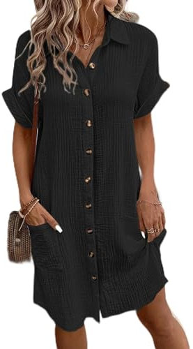 Achinel Women Casual Button Down Cover Up Long Shirt Midi Dress Ladies Beach Short Sleeve Summer Dress Black XXL