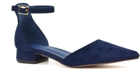 Women's Low Heel Point Toe Ankle Strap Court Shoes Ladies Navy Faux Suede Wedding Dress Flat Pumps Size 6