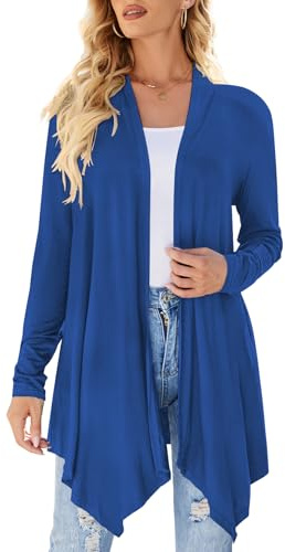 Cardigan da donna drappeggiato aperto sul davanti casual a maniche lunghe leggero cardigan maglioni spolverino, Blu, X-Large