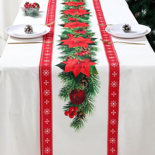 Tischläufer Weihnachten Saflor, Weihnachtstischläufer Rot Leine mit Rotem Blumen Weihnachtsbaum Glocken Aufdruck, Rechteckige Weihnachtstischdecke für Das Weihnachtsessen Tisch Dekoration(274 x 33cm)