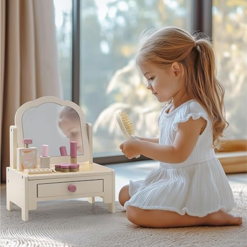 Navaris Specchiera Trucco Bambina in Legno - Postazione Trucchi con Specchio e Accessori - Toeletta Bimba - Tavolo da Trucco - Giochi di Imitazione per Bambini dai 3 Anni in Su