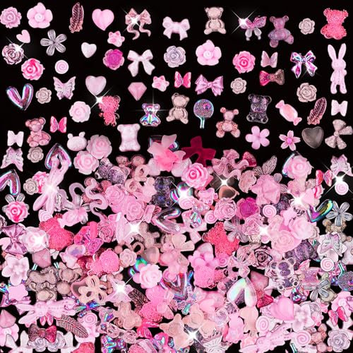 200 pcs Art Nail Charms Pink Mixture Nail Accessories Supplies Bow Charms for Nails DIY Art Decoration Making Craft