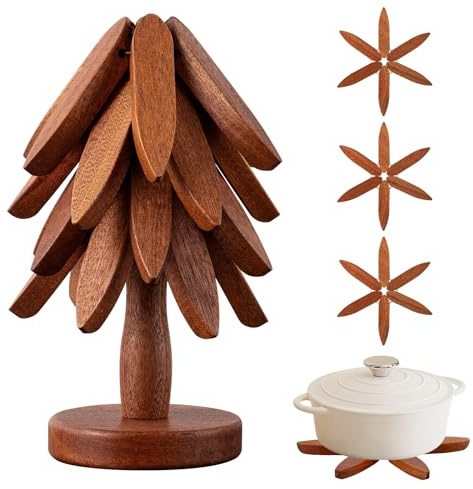 Vertdens Wooden Trivets for Hot Dishes， Tree Shape Trivet Set，Hot Dish Coaster with Tree-Shaped Wood Collapsible Hot Pad Trivet Tree for Restaurant，4 Wooden Trivet + 1 Stand（Walnut Wood）