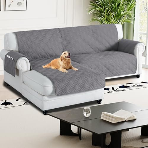 H.Versailtex 100% Waterproof Couch Covers for Sectional Sofa 2-Piece Non Slip Corner Sofa Cover Sectional Couch Cover L Shaped for Dogs (Left Chaise Lounge Cover + 2 Seat Sofa Cover, Grey)