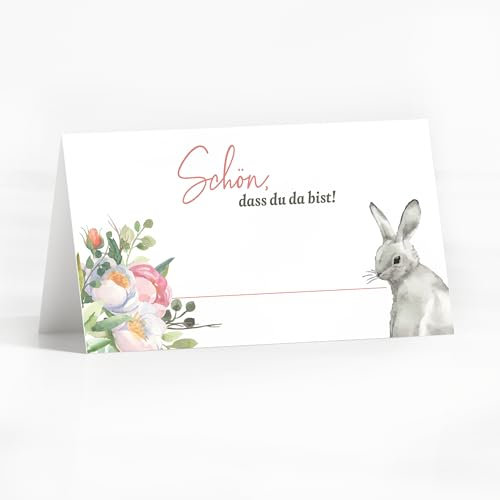 25 Tischkarten Ostern mit Osterhase mit Osterkorb Platzkarten zum Selbst beschriften mit Schön dass du da bist Aquarell Sitzkarten Osterbrunch Tischdeko