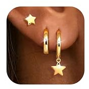 Dochais Ohrringe Gold Set 14K Vergoldete Ohrstecker Creolen mit Anhänger | Hypoallergene Ohrringe Stecker Wasserfest Klein Creolen Gold Knorpel Helix Piercing Schmuck Geschenk für Damen Frauen 3 Paar