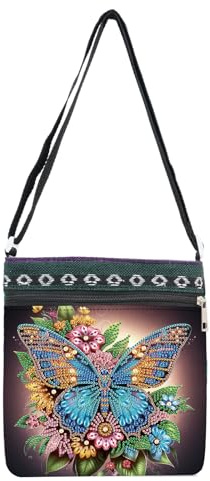 DCIDBEI Diamond Painting Damen Crossbody Schultertasche 21x22cm Diamant Painting Bilder Crossbody Bag Umhängetasche Verstellbare Schultergurt Malen nach Zahlen Arbeit Taschen Blumen Schmetterling