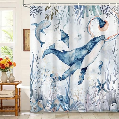 Kzzfqxb Rideaux de Douche 180x180cm, pour Enfants Motif Baleines raies Manta étoiles de mer coraux Tissu Polyester imperméable avec Crochets, décoration Bleue pour Salle de Bain et Baignoire