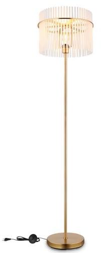 bmf-versand® Stehlampe Wohnzimmer LED mit opalen, goldenfarbigen Glasstäben - Stehleuchte aus Metall und Glas Kristalle Schirm Gold - Standleuchte Leselampe Schlafzimmer Höhe 152 cm