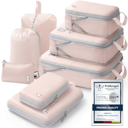Samfolk Compression Packing Cubes for Suitcases Packing Cubes Compression Set Waterproof Suitcase Organiser Bags for Travel Suitcase Luggage Packing Organizer Bags Travel Essentials Pink 8 Set