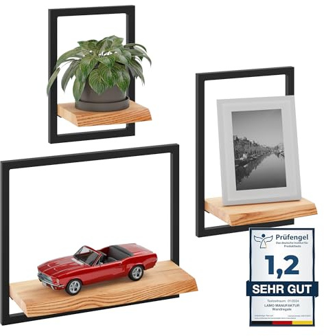 LAMO Wandregal Holz Set 3-teilig - Schwebendes Wandregal aus Massivholz mit unsichtbarer Halterung - Küchenregal, Badezimmer & Wohnzimmer - Wandboard rustikal - hohe Belastbarkeit