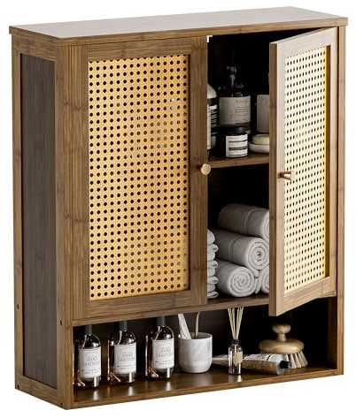HITNET Bathroom Cabinet Wall Mount, Rattan Medicine Cabinet with Shelves and Doors, Bamboo Hanging Storage Organizer Over Toilet Space Saving, Walnut