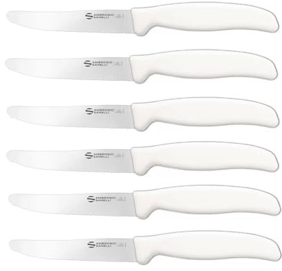 Ambrogio Sanelli ST72S11W Set di 6 Coltelli Professionali da Tavola Linea Supra Lama In acciao all'Azoto dentata Cm. 11, Manico Bianco