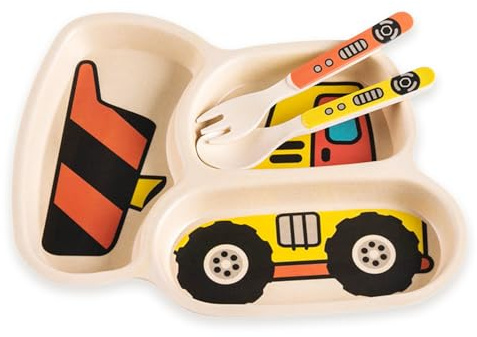 Bulldozer Besteck Kindergeschirr Set, 3er Tragbar Teller Babyteller, Inklusive Bulldoze Kinderteller, Löffel, Gabeln BPA-Frei, Für Spülmaschine, Mikrowelle und Backofen Geeignet