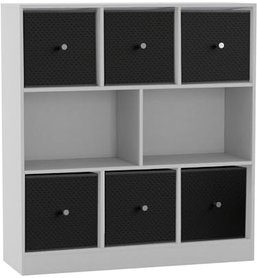 URBNLIVING 8 Cube Asymmetrical Bookcase with 6 Fabric Storage Drawers, Modern Freestanding Shelving Unit for Books, Toys & Decor, Engineered Wood Organizer Cabinet for Home & Office