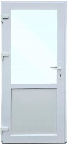 Haustür Kunststoff 90x200 cm DIN Links | Nebeneingangstür mit Sicherheitsverglasung | Kellertür Komplettset für Shop, Garage, Haus | Eingangstür mit 4-Punkt-Schloss und Zubehör | Weiß