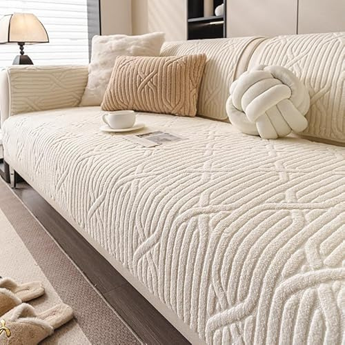 JINMEE Sofabezug Waschbar 90x180cm, Plüsch rutschfeste Couch überzug für 3-4 Sitzer Sofa, Weiß