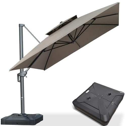 PURPLE LEAF Parasol Déporté 3 x 4 m Rectangulaire avec Pied, Parasol De Jardin Extérieur avec Double Toit Ventilé, Anti-vent, Toile Imitation Acrylique, Anti-UV, Rotation 360°, Pour Jardins, Taupe