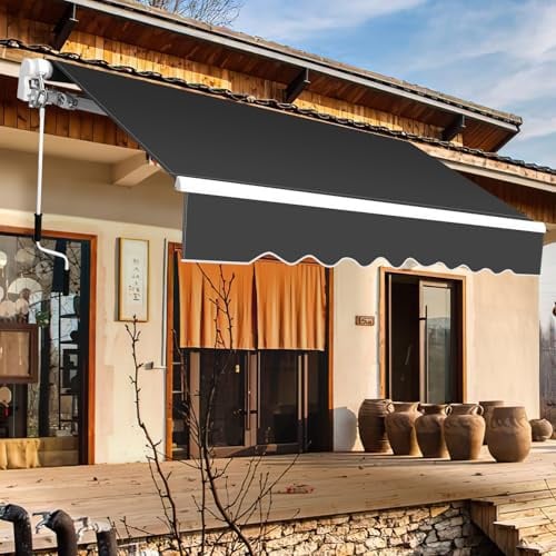 Eikuavons Gelenkarmmarkise, 350x300cm Manuelle Markise mit Handkurbel, Sonnenmarkise Winkel Einstellung bis 30 Grad, Sonnenschutz Wasserschutz inkl. Wandhalterung, Grau