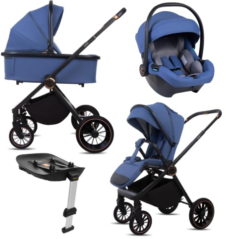 BabyLux® Kinderwagen 4in1 Set CASTOR, Faltbar Leicht Kombikinderwagen Set | incl. Babywanne, Reisebuggy, Kindersitz i-Size, Auto Basisstation, 4 Liegepositionen, 0-22kg, UV Schutz 50+, Vollgummireifen