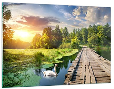 ARTTOR Wandbilder Dekoration Wohnzimmer Architektur Promenade Schwan Landschaft Bilder auf Glas 120x80cm Glasbild Schlafzimmer Küche Deko Wand Kunstdruck Art Groß XXL Wanddeko Modern GAA120x80-3179