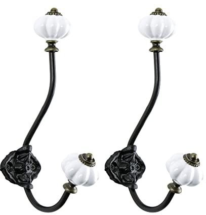 NIKKY HOME Wandhaken, dekorativ, 2 Stück, zum Aufhängen, rustikal, Vintage, Kürbis, Metall, Eisen, Keramik, antik montiert, Wandhaken für Handtücher, Mäntel, Taschen, Schals, Mützen, Badezimmer, weiß