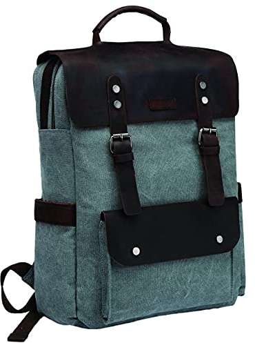 VASCHY Men's Vintage Backpack 15.6 Inches Canvas and Leather Waterproof Anti-Theft Large School School Backpack Travel School Work, Green, Taille unique, daypack backpack