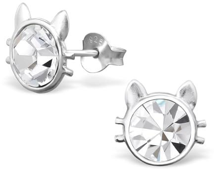 Monkimau Mädchen Ohrringe Katze Kopf Ohrstecker aus 925 Sterling Silver echt Silber mit 2 Kristallen