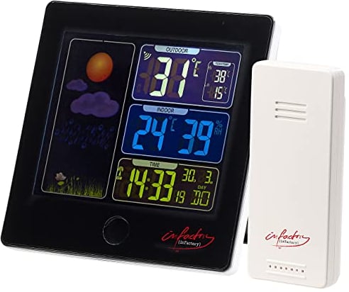 infactory Wetterstation Batterie: Funk-Wetterstation, Außensensor, Farbdisplay, Funkuhr, Wecker, schwarz (drahtlose Wetterstation, Tisch-Wetterstation, Außensensoren)