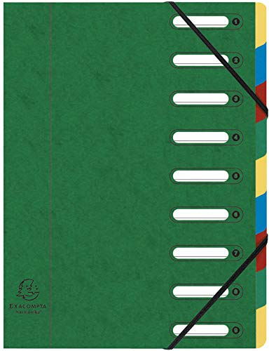 Exacompta 55093E Premium Ordnungsmappe Harmonika. Aus extra starkem Colorspan-Karton DIN A4 9 Fächer und 2 Gummizüge mit Indexfenster und dehnbarem Rücken Register-Mappe grün