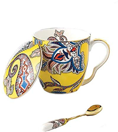 YBK Tech Bone China Porcelain Tea Cup Coffee Mug with Lid for Breakfast Afternoon Tea (Paisley Patterns- Yellow)