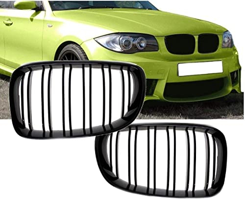 Kühlergrill Doppelsteg 1er E81 E82 E87 E88 kompatibel für BMW Schwarz Glanz Grill Frontgrill Paar Satz Set