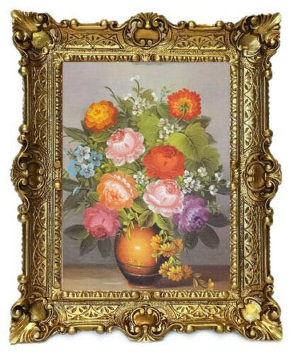 Lnxp Wunderschönes Gemälde Stillleben 56x46 cm Barock Antik Repro Rahmen Blumen Vase Blumenparadise Wandbild Wohnzimmer