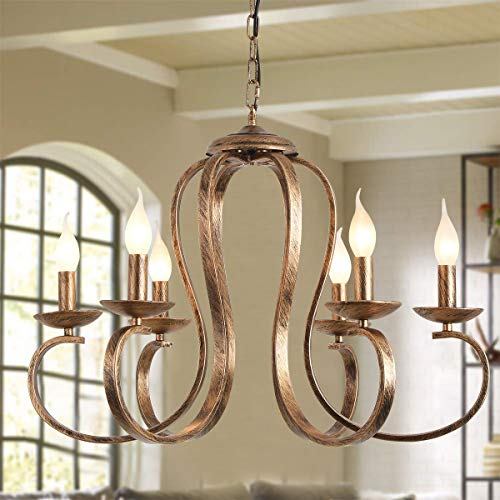 Ganeed Kronleuchter Retro Eisen Pendelleuchte Kronleuchter Kerze rustikale Hängeleuchte Bauernhaus Decke Pendelleuchte Antik gebürstetes Messing Küche Insel Beleuchtung Bronze 6 Lichter