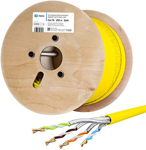 HB-DIGITAL 250m CAT 7A Câble réseau LAN Ethernet RJ45 S/FTP PiMF Internet d'installation en Cuivre solide max. 1200MHz pour Switch Prise Serveur PC LSZH Sans halogène AWG23 jaune