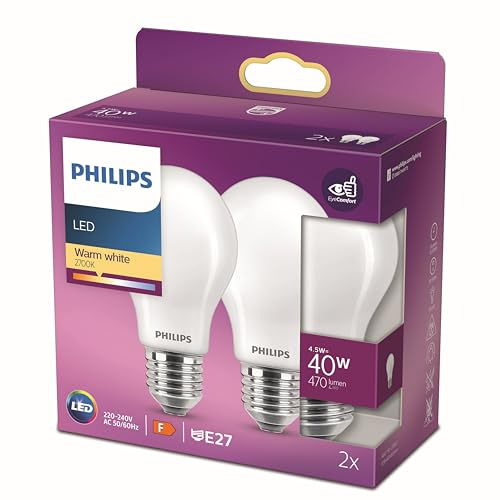 Philips ampoule LED Standard E27 40W Blanc Chaud Dépolie, Verre, lot de 2