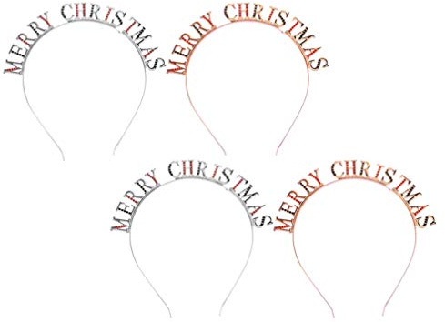 FRCOLOR Metal Christmas Headbands for Women,Rhinestone Hair Hoop Merry Christmas Headbands Headpieces Metal Hair Hoop Letter Headband,4pcs(Silver,Rose Gold)