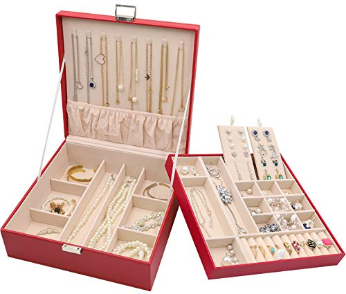 ProCase Schmuckschatulle Damen Leder, Schmuckkästchen mit 2 Ebenen Schmuckkasten Schmuckkoffer Schmuckaufbewahrung Schmuckbox Jewelry Box für Ringe, Ohrringe, Halsketten, Armbänder -Rot