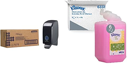 Aquarius Seifenspender 7173 – 1 x wandmontierter Seifenspender Schwarz (Nachfüllmenge 1 Liter) + Kleenex Seife 6331 - Handseife für die tägliche Verwendung, rosa, 6 x 1 L